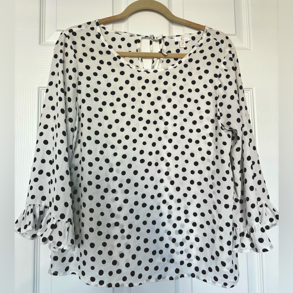 NWOT C White Polka Dot Blouse Size Medium